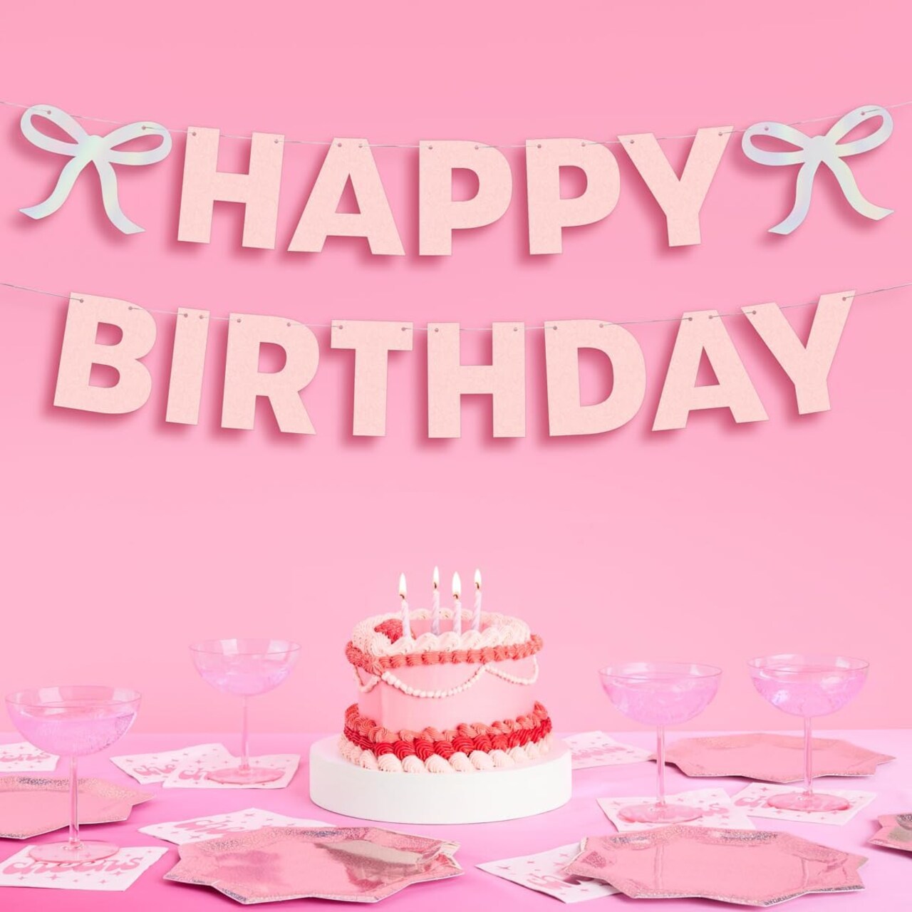 Happy Birthday Bow Banner Iridescent Foil + Pink Glitter, 5 Ft. | Birthday Party Decoration, Coquette HBD Decor, 21st Bday Supplies, Photobooth Backdrop
